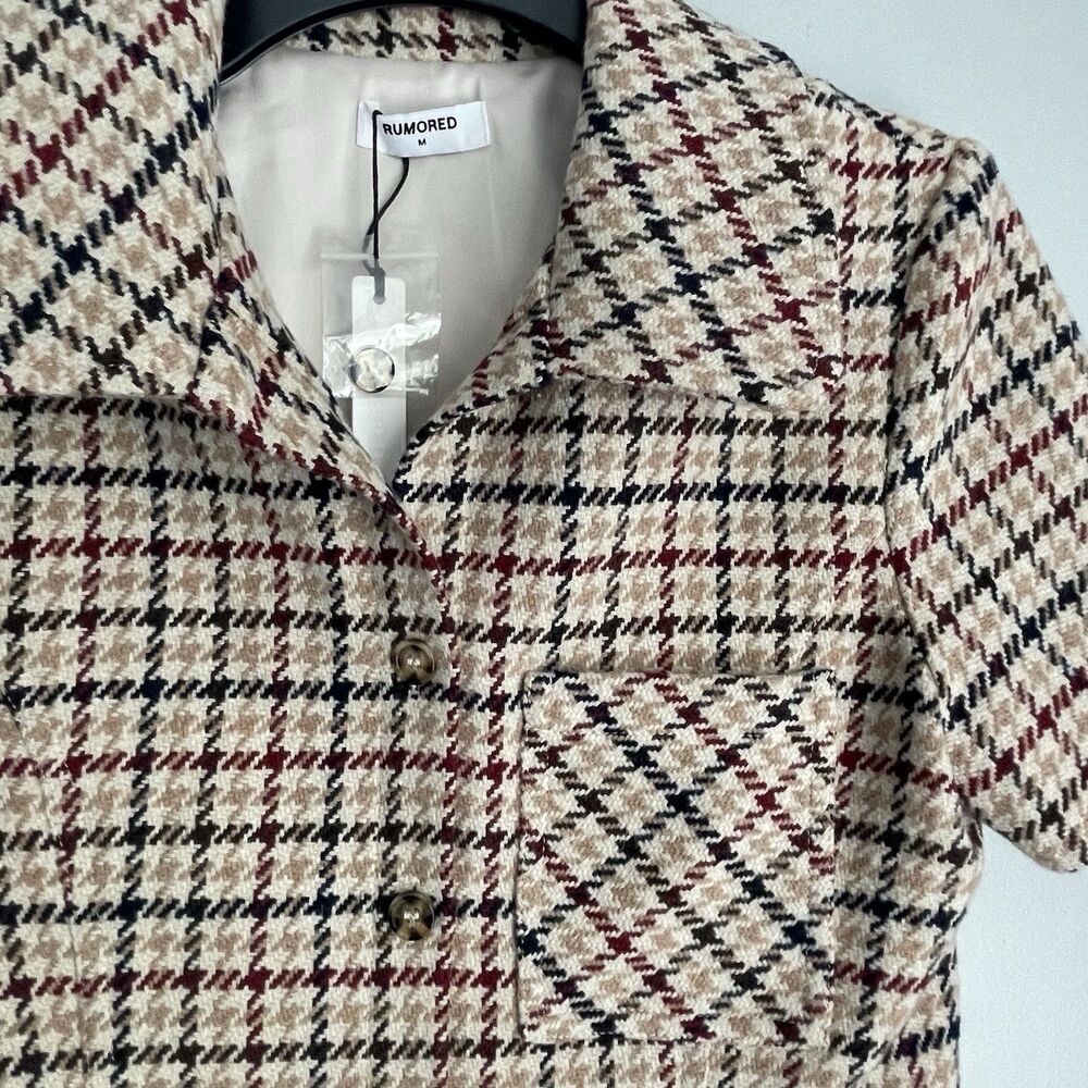 NEW Rumored Collared Houndstooth Dress Size M Beige Wool Blend Short Sleeve